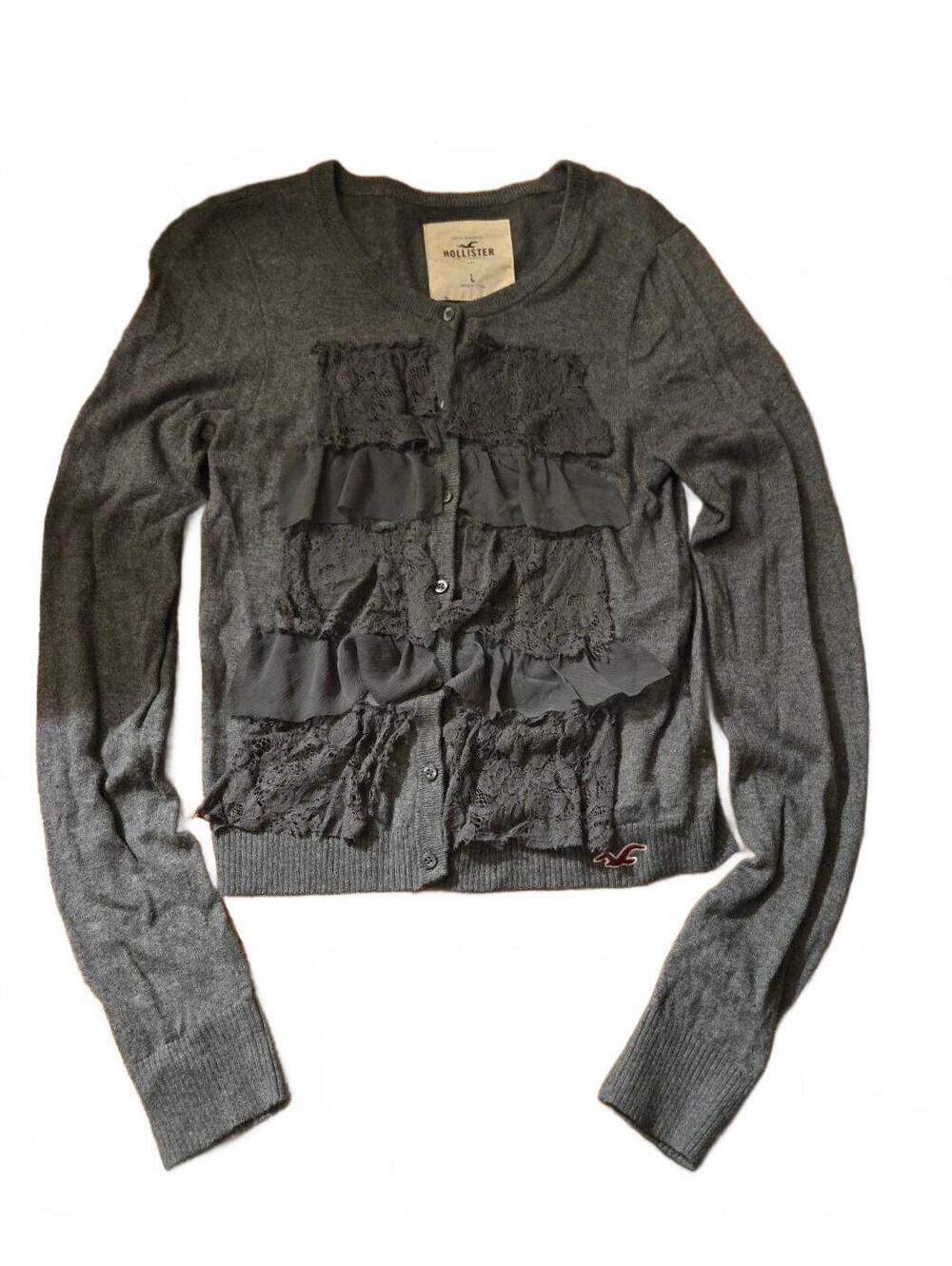 Hollister Women's Gray Lace Ruffle Button-Up Cardigan Size Large